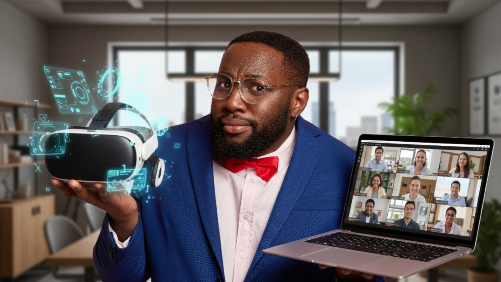 Un homme tenant un casque virtuel dans sa main droite et un PC dans sa main gauche