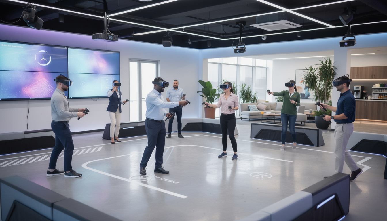 découvrez notre expérience de vr multijoueur en free-roaming, permettant à jusqu'à 8 personnes de jouer simultanément sans câble pour une immersion totale et sans contraintes.